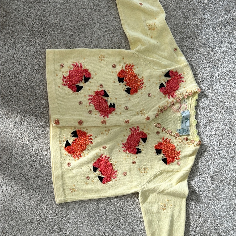 Embroidered Crab Cardigan - Yellow with Pink & Orange Crabs